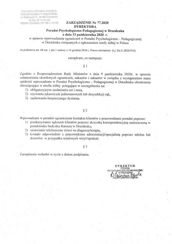 Zarządzenie Dyrektora Poradni Psychologiczno - Pedagogicznej w Drezdenku nr 77.2020